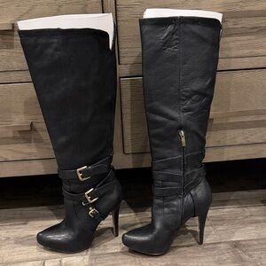 Sam Edelman Black Heeled Boots with Gold Buckles